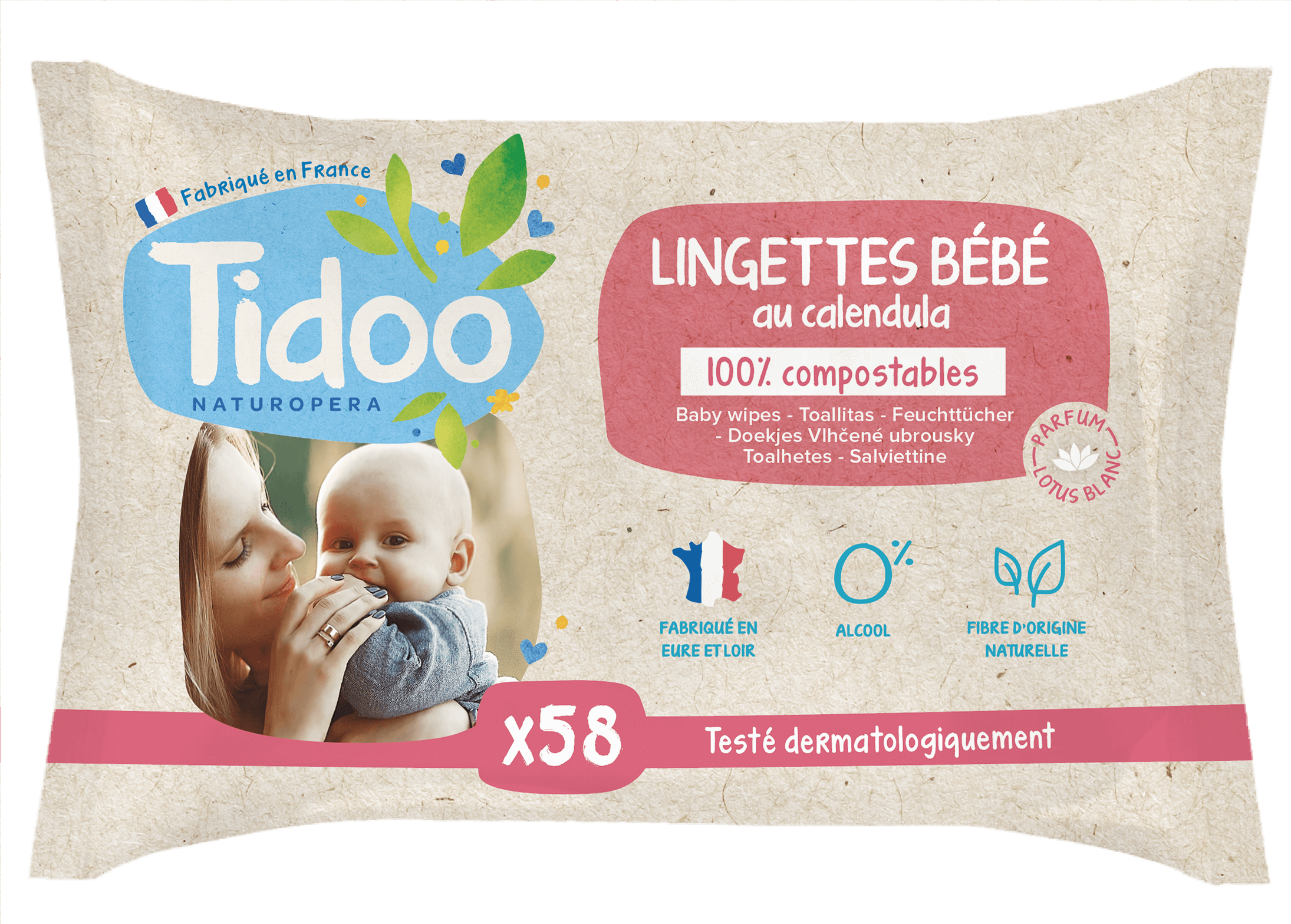 Tidoo Lingettes au calendula bio & fleur de lotus compostable 58pc